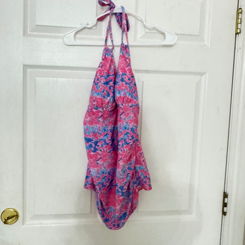 Summer Mae Pink Blue Tie Dye Halter One Piece Swimsuit‎ Size L